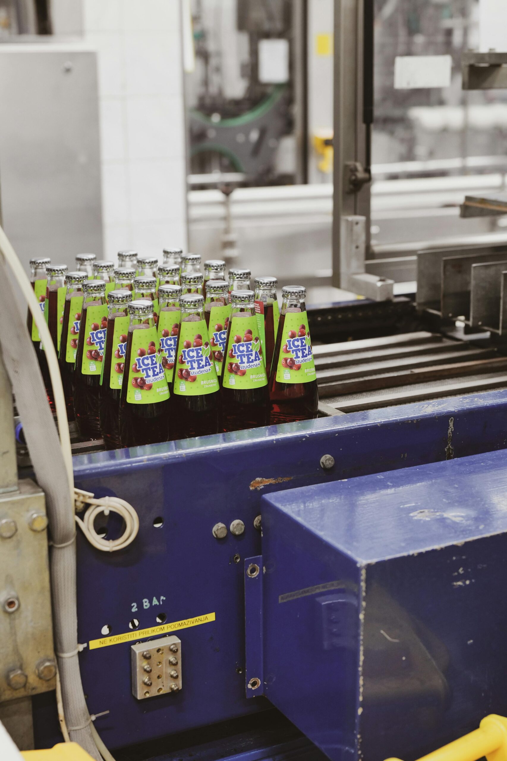 Glass bottles on an automated line in a Lipik factory, Croatia.